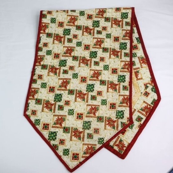 Christmas Table Runner Poinsettia Table Linen Sparkly Red Trim 51.5"x15.5" - Picture 5 of 6